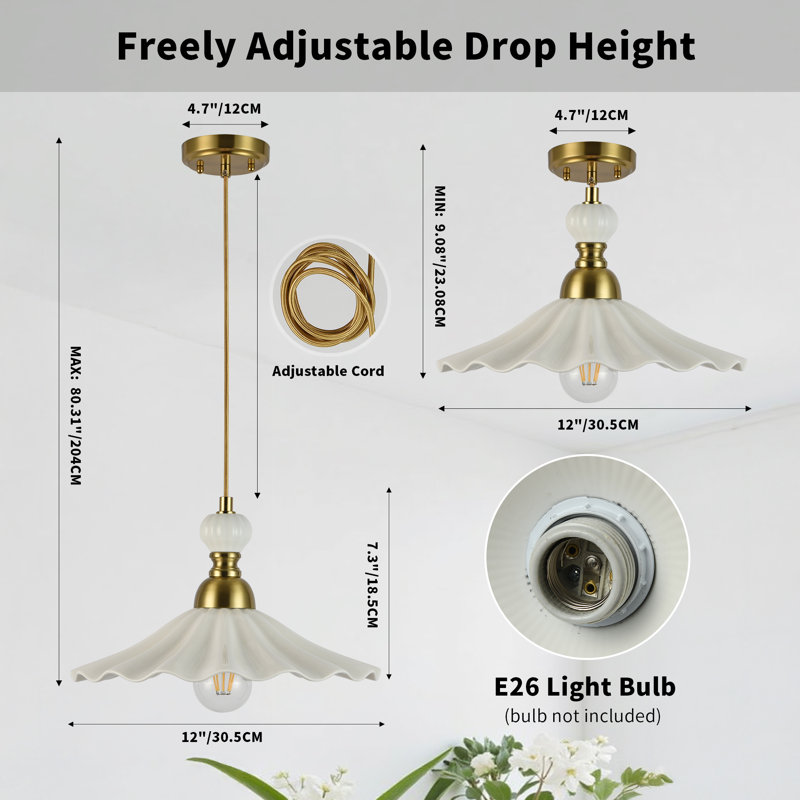1-Light 12" White Ceramic Petal Pendant Light