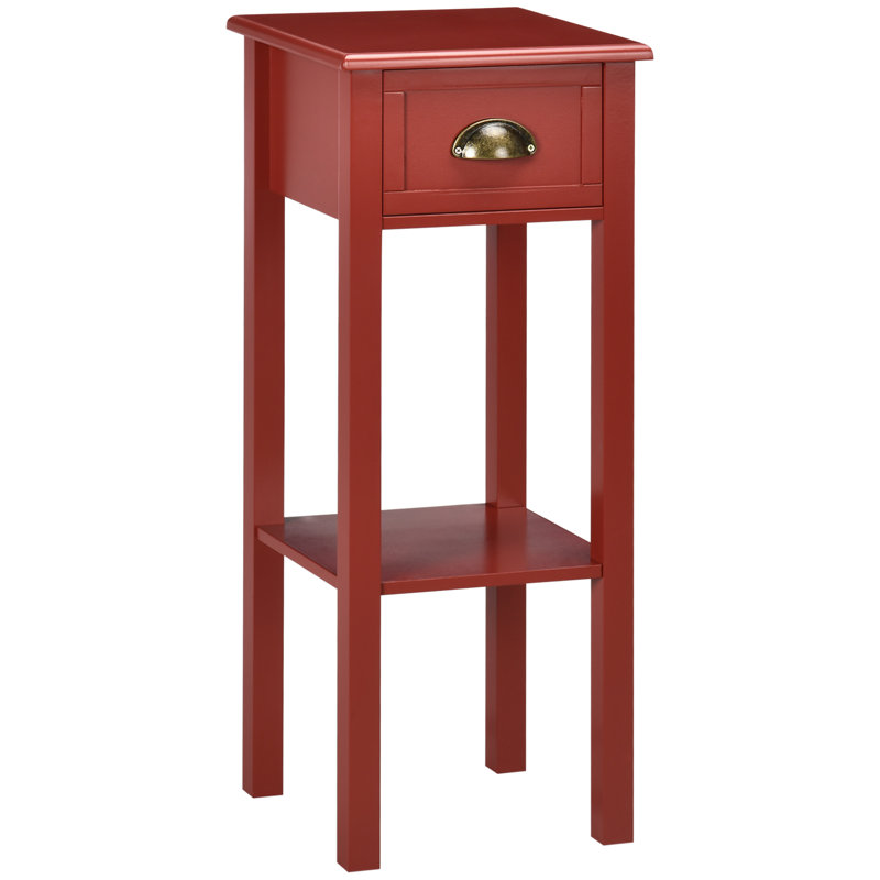 Table de bout à 2 niveaux avec tiroir, l 11,8 po x P 11,8 po x H 29,5 po, panneau de fibres à densité moyenne, 1 pièce, rouge, conception étroite avec tablette inférieure