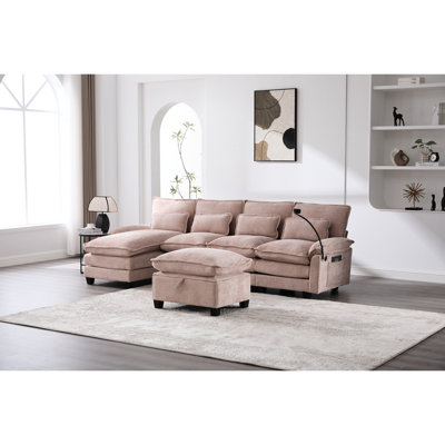 En forme de U de 106 po pour le salon, 4 places, tissu chenille doux, structure en bois massif, charge de type C, support pour téléphone, mobile avec rangement spacieux, siège de rangement double en forme de U