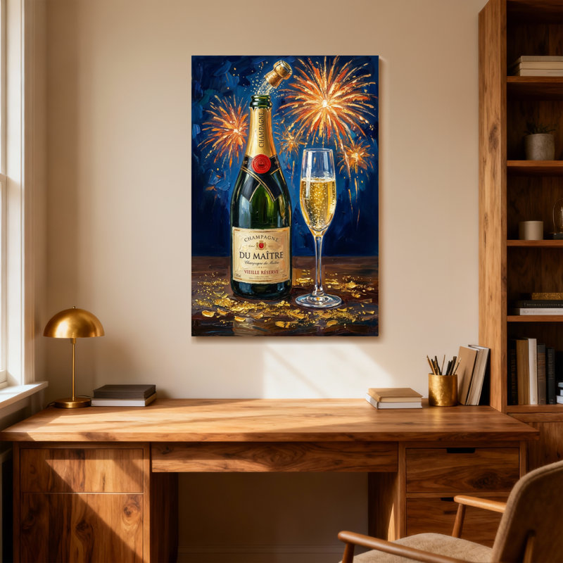 Bouteille de champagne tendance et verre avec fond de feux d'artifice, H 18 po x l 12 po