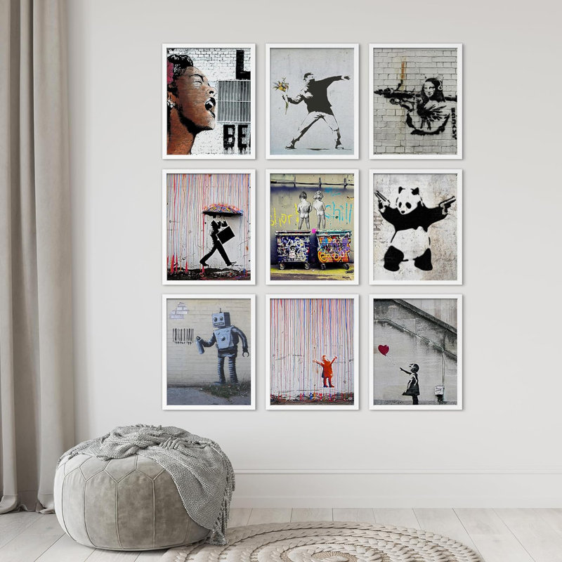 Banksy, peinture en aérosol, variété, graffiti et art urbain, 9 pièces, H 14 po x l 11 po x P 1 po, Blanc
