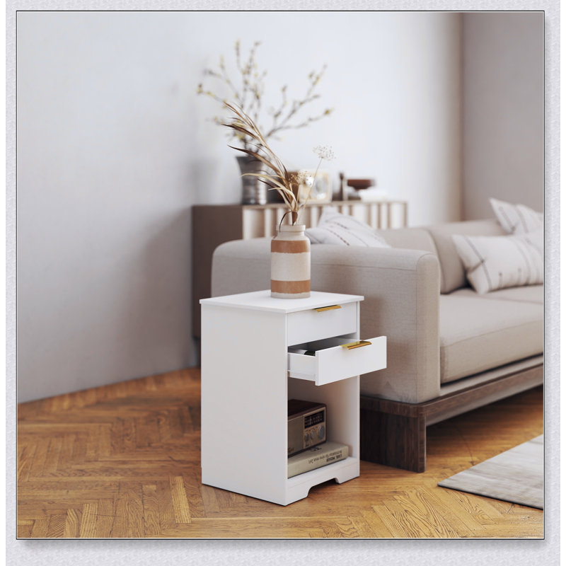 Table de chevet blanche moderne avec 2 tiroirs et tablette ouverte, poignées dorées, facile à assembler pour la chambre à coucher et le salon