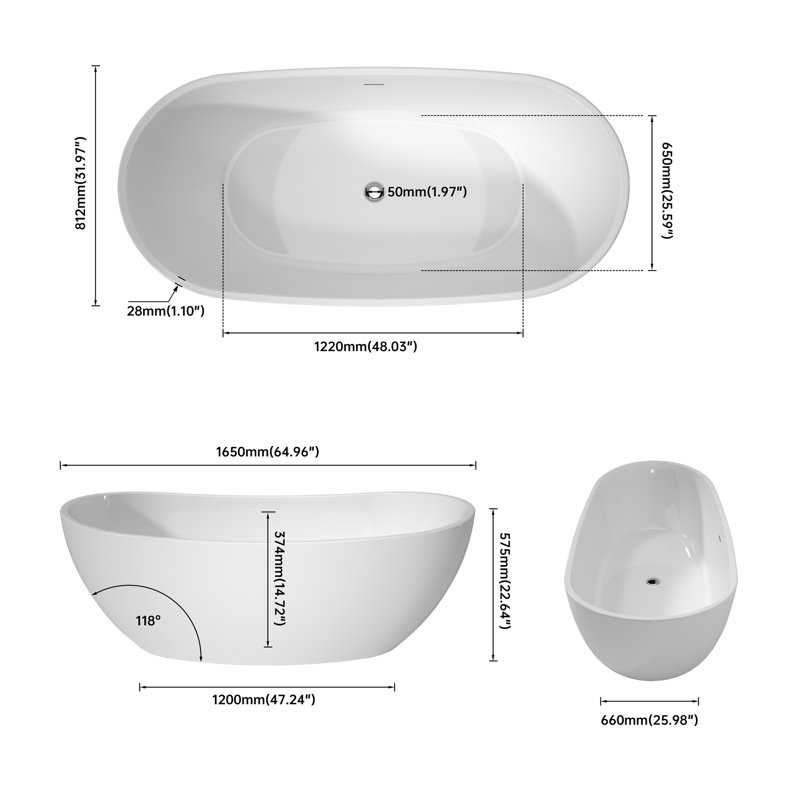 65" White Acrylic Bathtub, , Modern Design, Deep Soaking, Stain- Finish Luxury Standing White, , Easy Clean