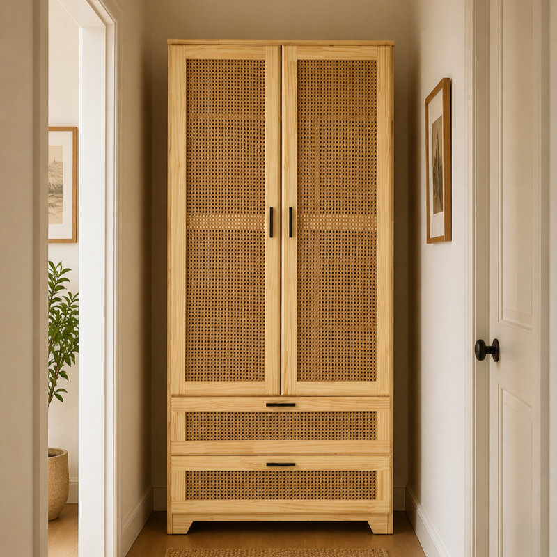 Armoire en rotin massif avec 2 tiroirs, Naturel