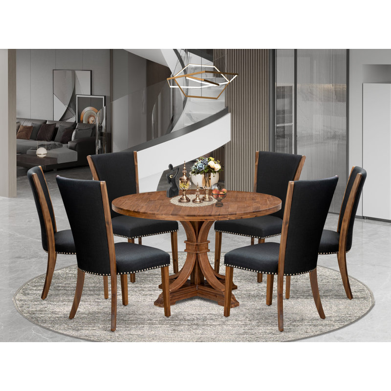 7 Piece Dining Set for 6 Consists of a Round Table with Pedestal and 6 Black Linen Fabric Parson Chairs, Antique Walnut