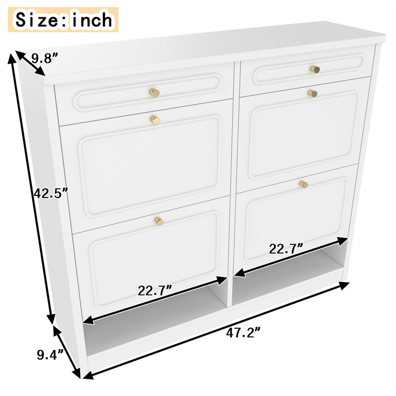 47" Wide Slim Shoe Cabinet with 4 Flip Drawers and 2 Storage Drawers, White