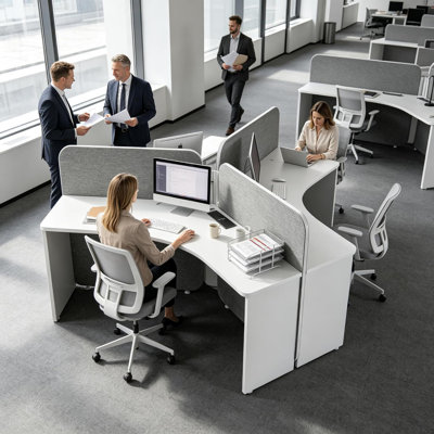 Poste de travail pour 3 personnes avec caisson mobile et prises de courant intégrées, cloisons murales réglables, configurations pour les entreprises en démarrage et les espaces de travail modernes