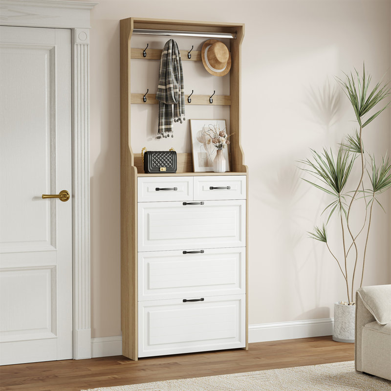 NEW OAK Colour Shoe Cabinet  With 3 Doors 2 Drawers With Hanger, White/Oak