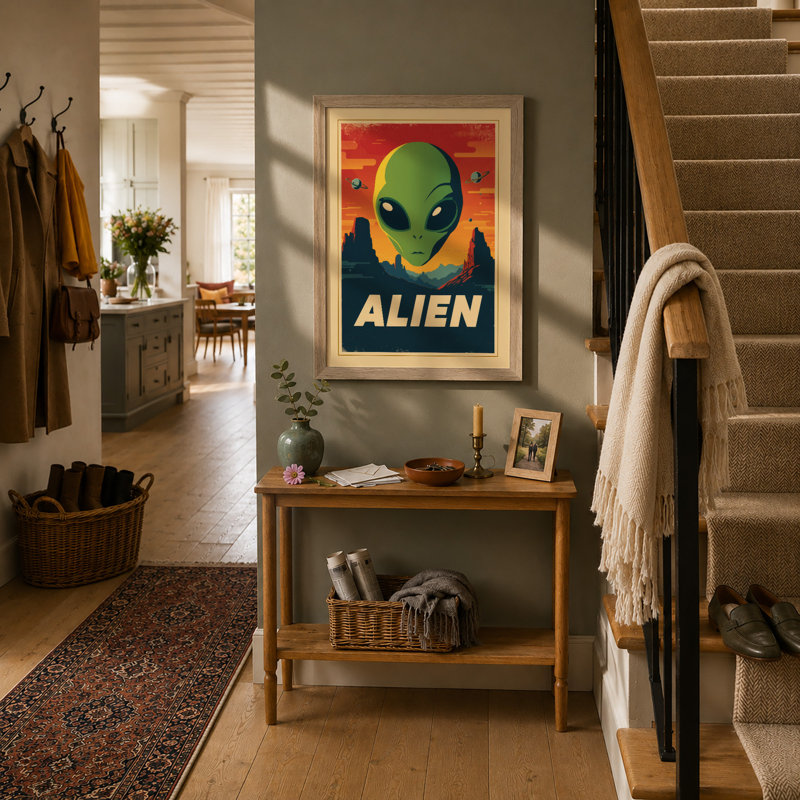 Alien Visitor Retro - Framed Print, A4 - 29.7 x 21.0 cm, Oak