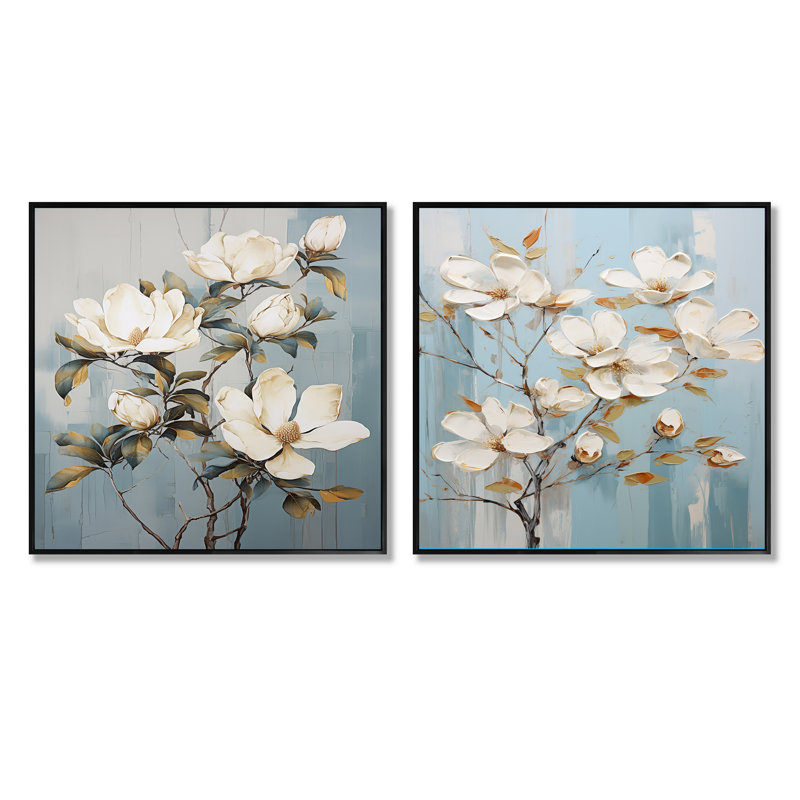 «Magnolias» bleu et doré - ensemble de 2 collages carrés magnolia, Cadre flottant noir, H 36 po x l 73 po