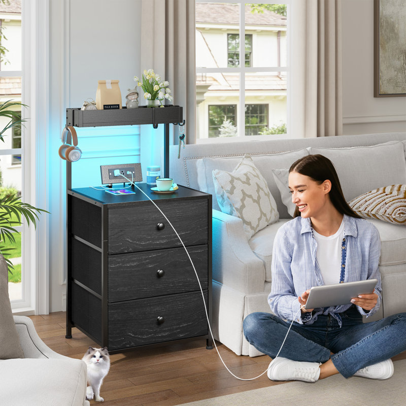 Tall Nightstand With Charging Station And Led Lights Nightstand With 3 Drawers And Shelves Bedside Table With Usb Ports And Outlets（set of 2）