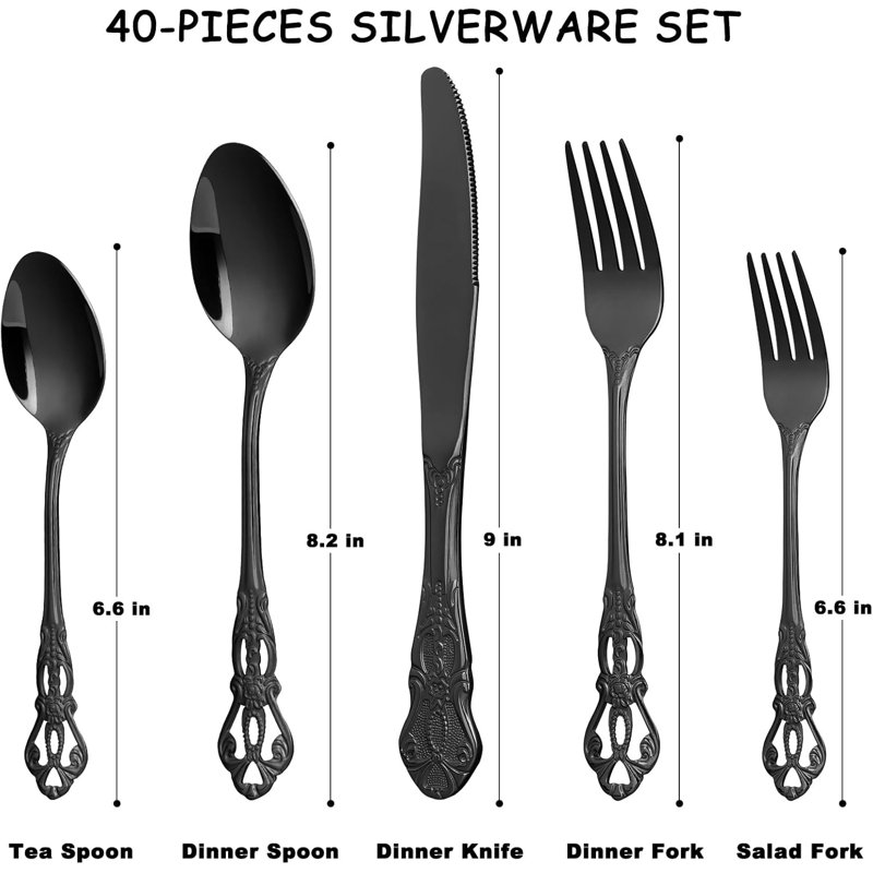 Ensemble de couverts 40 pièces en acier inoxydable noir pour 8, élégant ensemble de couverts de style miroir baroque, comprenant des cuillères, des fourchettes et des couteaux, va au lave-vaisselle