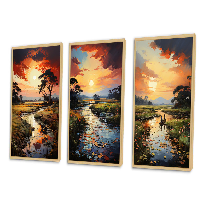 «Vietnam River Delta Sunset», 3 pièces sur toile, Encadré naturel, H 40 po x l 60 po