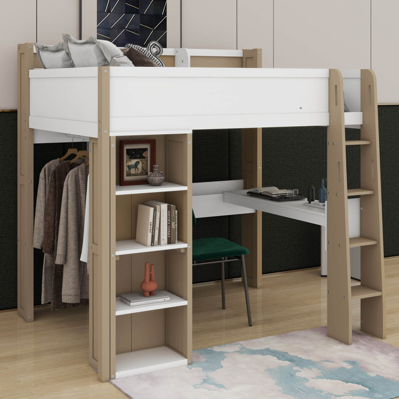 Lit mezzanine en bois pleine grandeur avec tablettes, portemanteaux et bureau, Blanc / Naturel