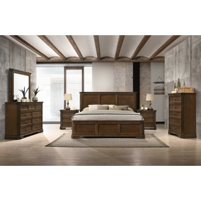 Maderne Traditional Wood Panel 6 Pieces Bed Set With Dresser, Mirror, Two Nightstands, Chest