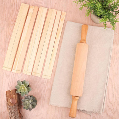 Ensemble 12 pièces d'outils de poterie, rouleau de 17 pouces de dalle d'argile, 10 guides de rouleau à pâtisserie en bois et nappe en lin pour la fabrication de l'argile en céramique