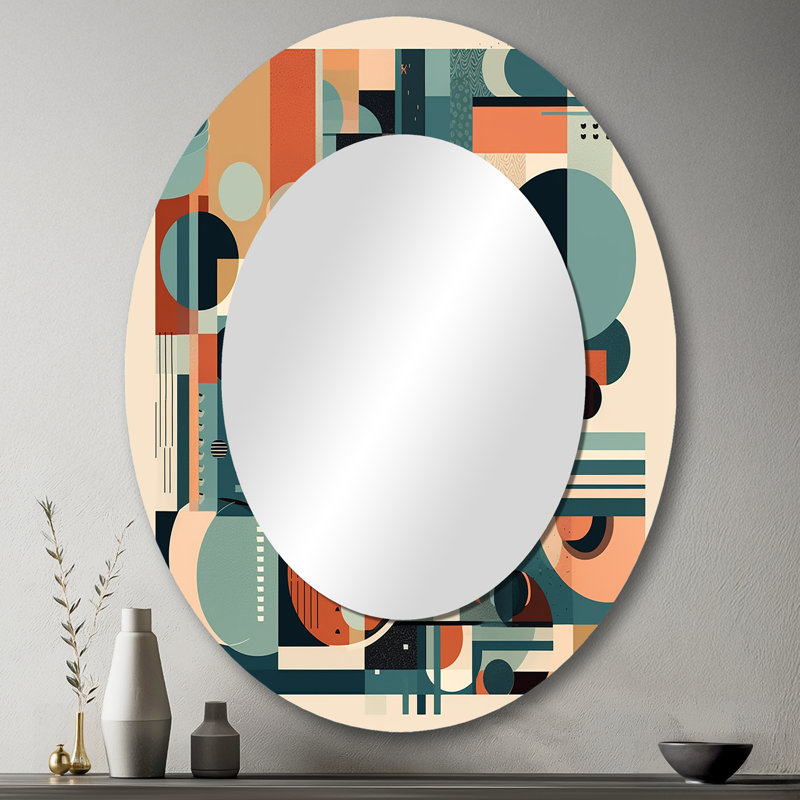 Blue And Orange Minimalistic Artwork II - Orange Oval Wall Mirror Decor, 43" x 33"