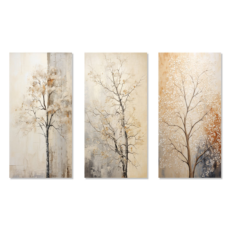 Beige Trees Oak Solitude - Tree Oak Metal Prints Set Of 3, 32" H x 48" W