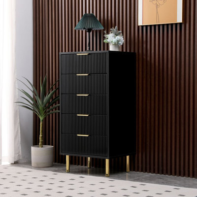 Black 5 Drawer Chest of Drawers, Ribbed fluted Design, Gloss Black