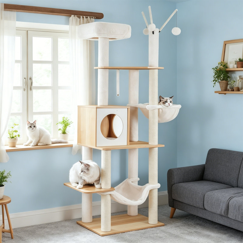 Arbre à chat 66,1 po en bois avec poteaux à griffer, hamacs et condo pour chats d'intérieur, Noyer