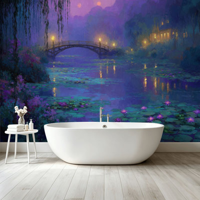 Peler et coller le papier peint Magical Night Tranquil River Blooming Lilies Cozy House, art mural auto-adhésif et amovible