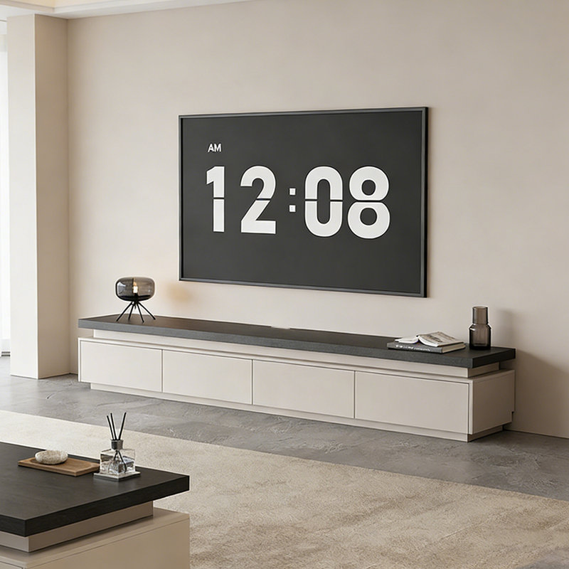 Meuble télé en bois Modern Simplicity, Blanc cassé / noir, 16.53" H x 94.48" L x 15.74" W