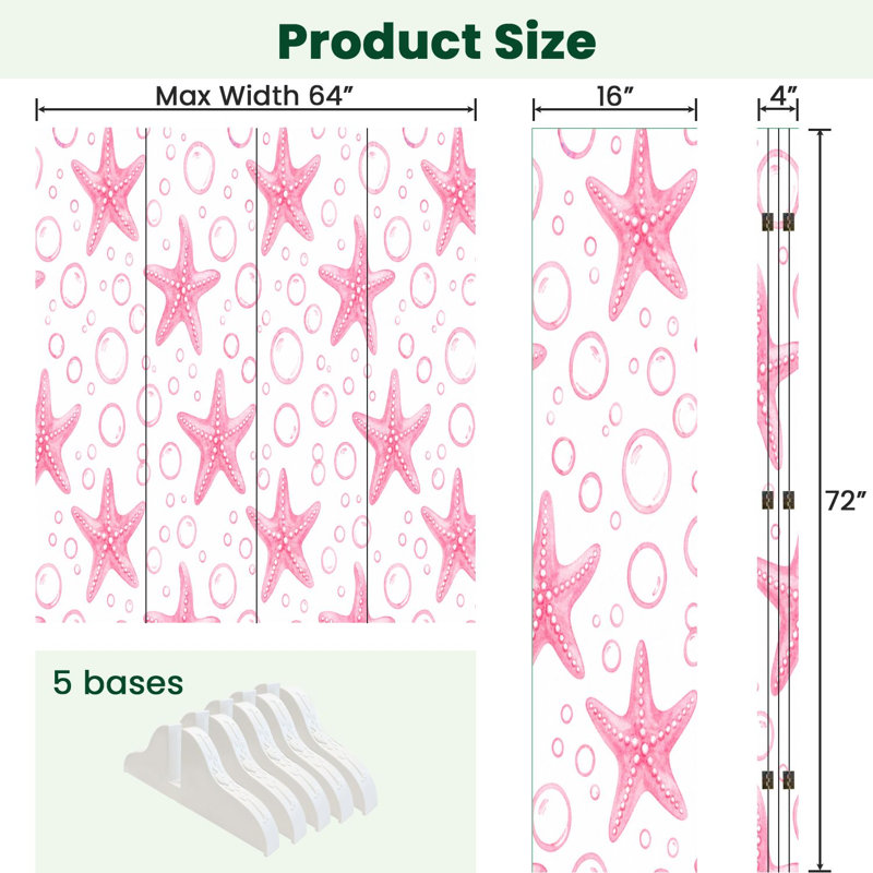 Cloison pliable 4 panneaux à paravents et étoiles de mer rose royal, H 71 po x l 64 po x P 1 po, 4
