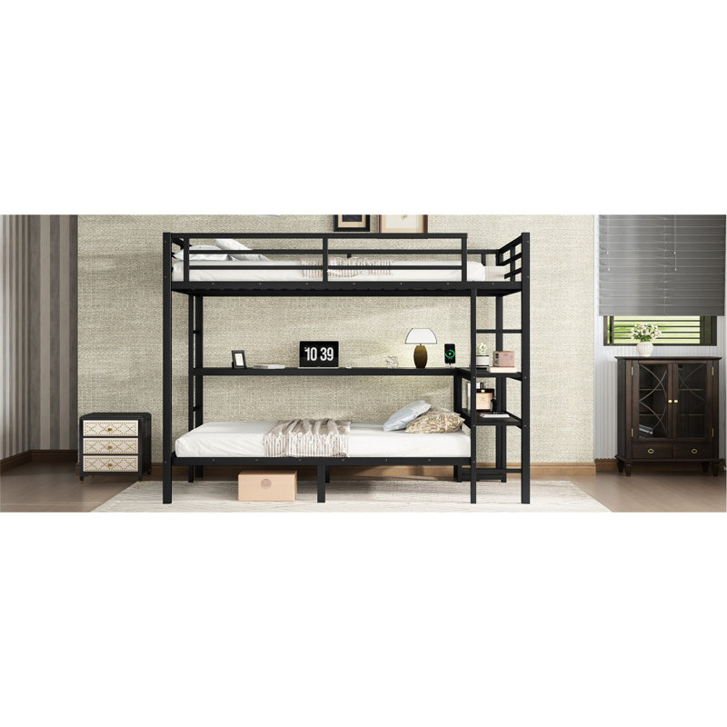 Lit superposé simple / noir en métal noir avec bureau, tablettes et - plusieurs options de placement, garde supérieur, assemblage facile par-dessus un lit simple, lumières à DEL, cadre de rangement, utilisation de l'espace 3D, conception sécuritaire