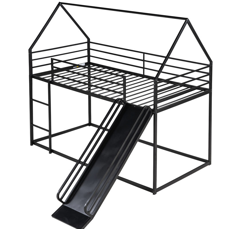 House Bunk Bed For - Twin Over Twin, Black Metal With Slide & Look Black, Quality, Black