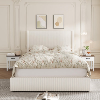 Bed Frame Queen Size with 4 Storage Drawer, Bed Frame with Headboard and Corduroy Vertical Channel Tufted Wingback, Sturdy Wooden Slats Support, Noise Free, Beige