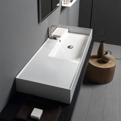 Scarabeo By Nameeks 18.1'' White Ceramic Rectangular Vessel, Wall Mount Bathroom Sink with Overflow