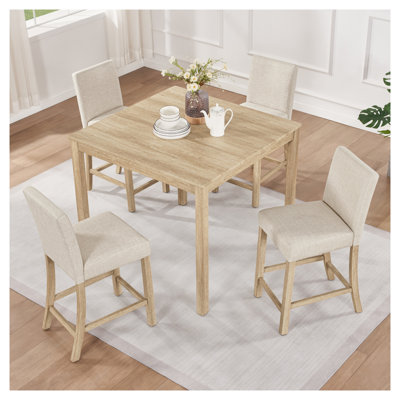 5-Piece Counter Height Dining Set with Square Table and 4 Upholstered Chairs in Light Oak