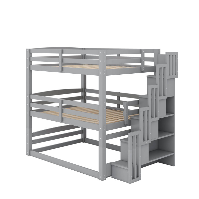 Lit superposé triple double avec escalier de rangement, Gris