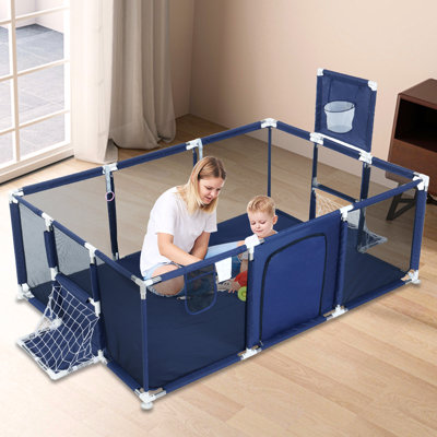 71"x48" Baby Playpen Sturdy Safety Play Yard Activity Center with Basketball Hoop and Football Net