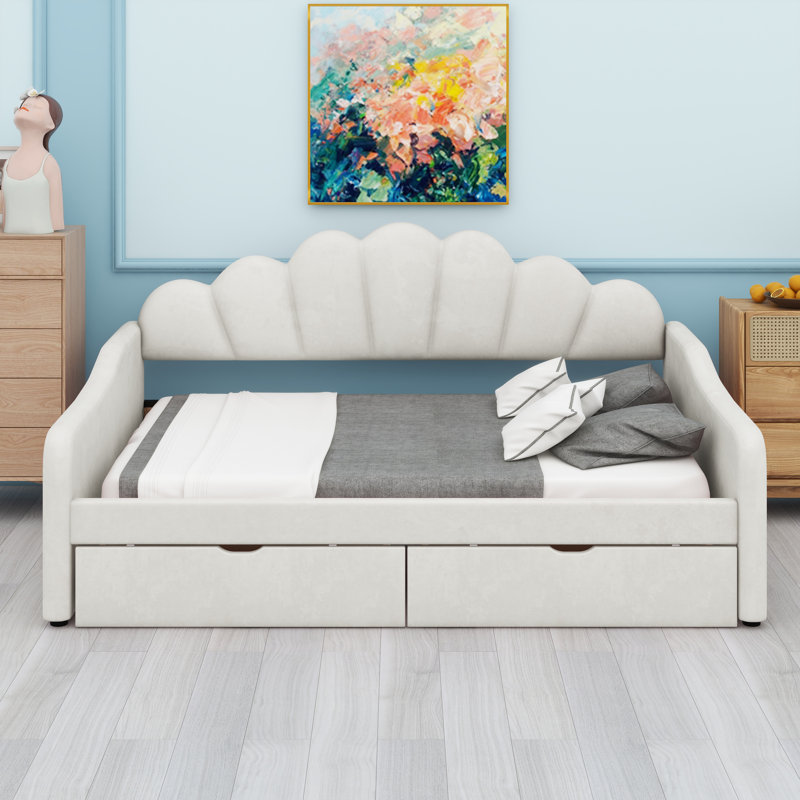 Lit de jour rembourré avec dossier élégant en forme de coquillage et tiroirs de rangement intégrés, Beige