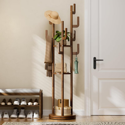 Rotary Coat Rack Freestanding - Solid Wood Coat Tree with 9 hooks & 3 Storage Shelves for Purse
