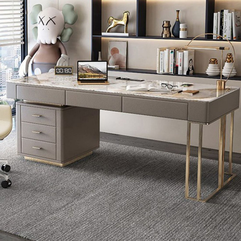 Bureau double caisson en pierre frittée avec tiroirs, Orienté à gauche (vu de face), H 29,53 po x l 78,74 po x P 27,56 po