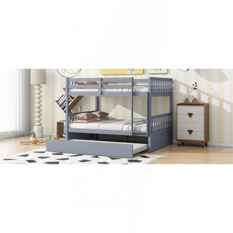 Full Over Full Rubber Wood Bunk Bed With Trundle, Ladder And Guardrails, Convertible To 2 Full Size Beds, With Twin Size Trundle ,Grey