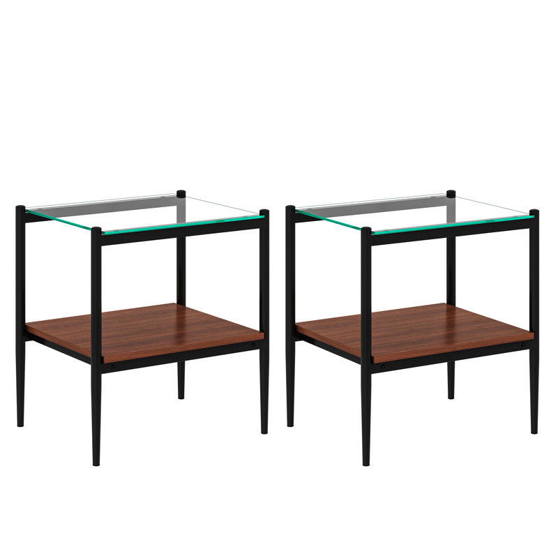 2-piece Modern End Tables Rectangle Side Table with Tempered Glass Top & MDF Storage Shelf, Living Room Accent Tables, Clear