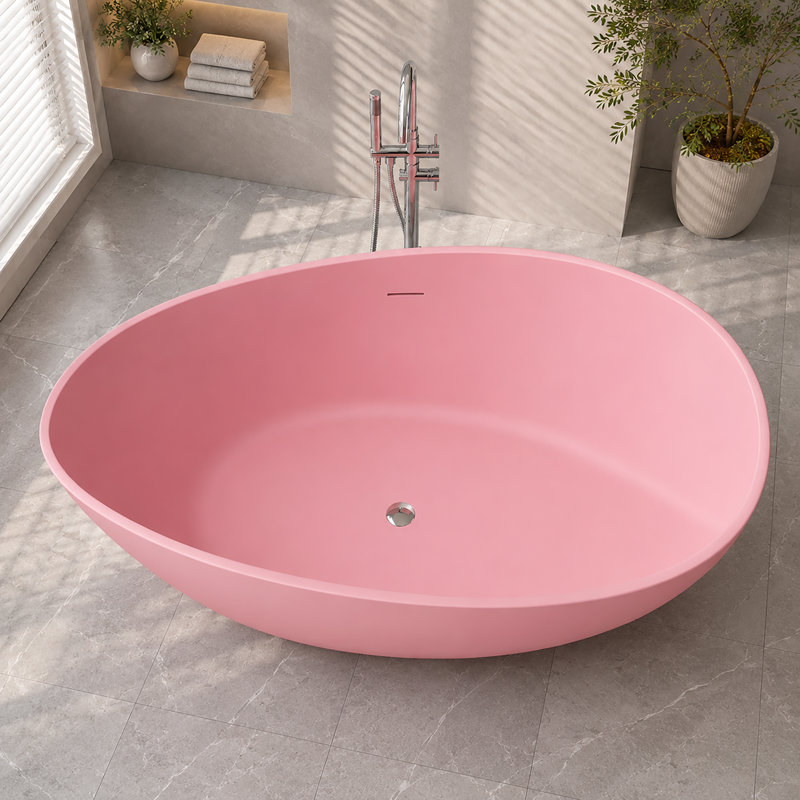 Baignoire profonde autoportante en acrylique renforcé de résine rose mat 63 po pour salle de bain