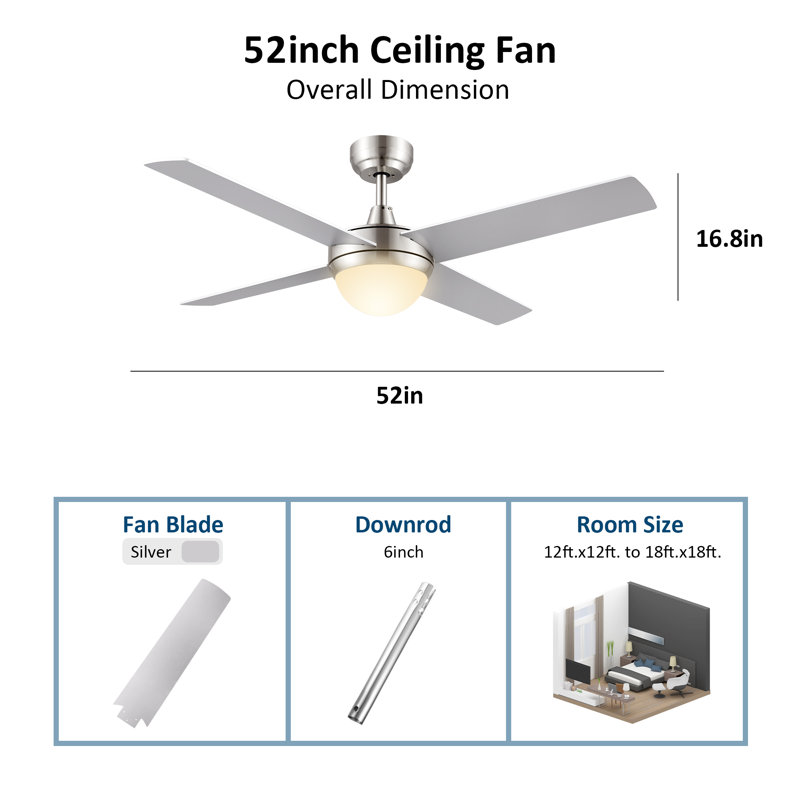 Edelbert 52'' Ceiling Fan with LED Lights, Silver, Silver