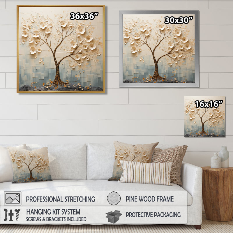 Arbre avec fleurs blanches, gloire du matin, H 16 po x l 16 po, Cadre flottant noir, bois massif