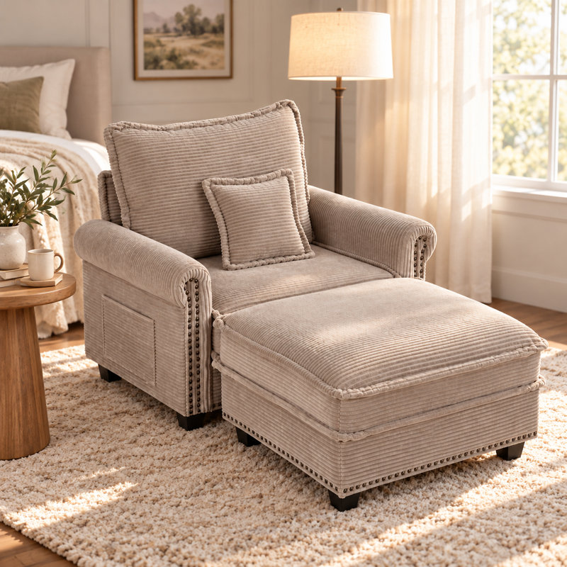 42-inch Nailhead Trim Sofa With Ottoman, Modern Corduroy Small Couch With Rolled Arms, Single Sofa Chaise Lounge For Living Room, Bedroom, Farmhouse Decor