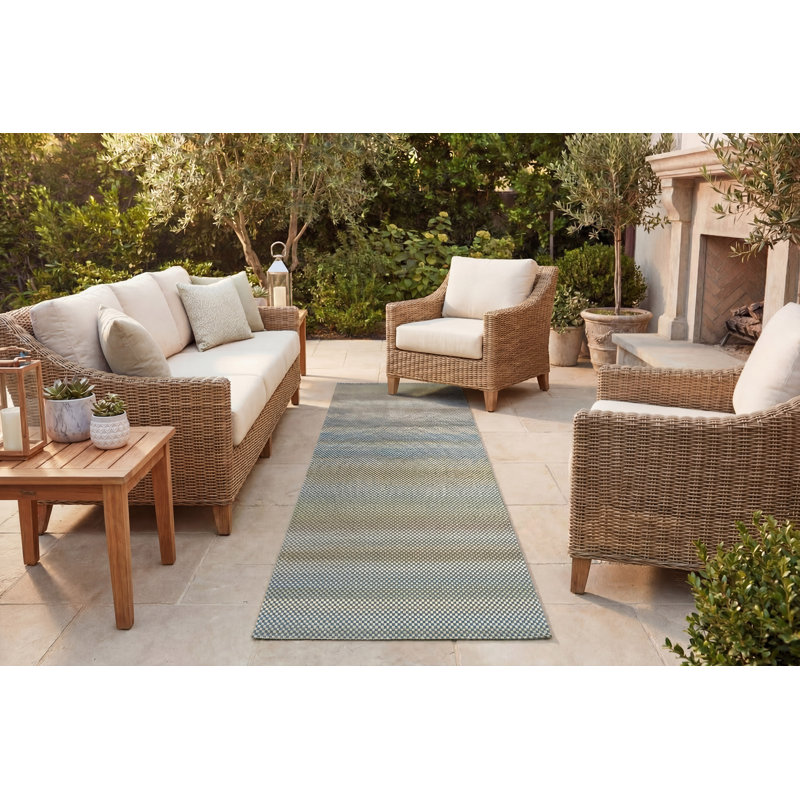 Tapis intérieur/extérieur bleu/brun Larry, Tapis de couloir : 2 pi 2 po x 7 pi 7 po