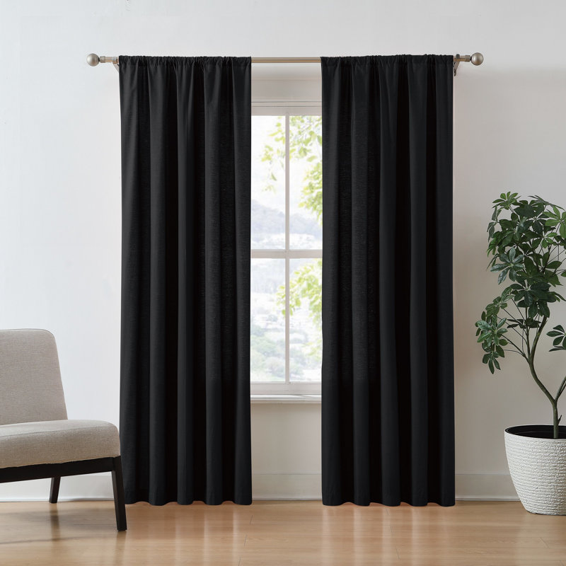 Ebern Designs Solid Cotton Percale Window Curtain Pair, 50" W x 96" L, Black