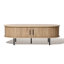 Mid-Century Modern Oval Coffee Table with Storage – Oak Finish Slatted Tambour Sliding Doors