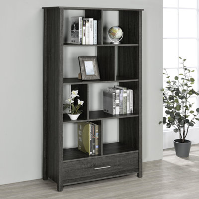 Modern Design 4-Shelf Weathered Grey Storage With Drawer And Curved Glass For Primary Living Space, 15.5 Inches Depth Book Main Living, 35.5W