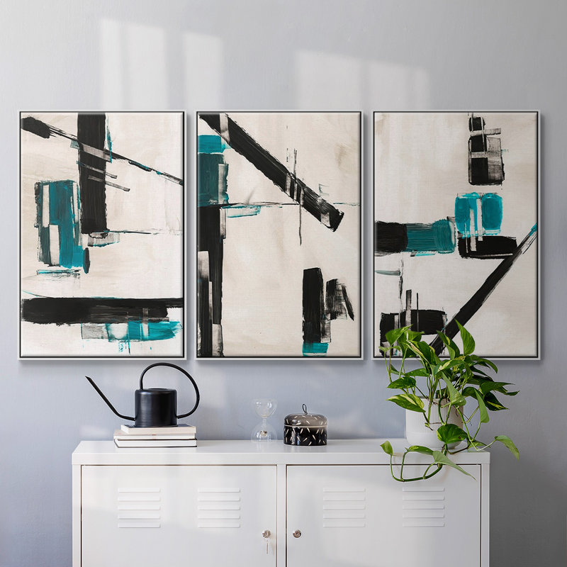 «Geometric Notes I», reproduction encadrée sur toile 3 pièces, H 36 po x l 72 po x P 2 po, Blanc