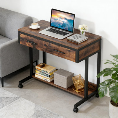 Table de bureau, bureau compact avec roues, bureau d'écriture à hauteur réglable, table basse mobile