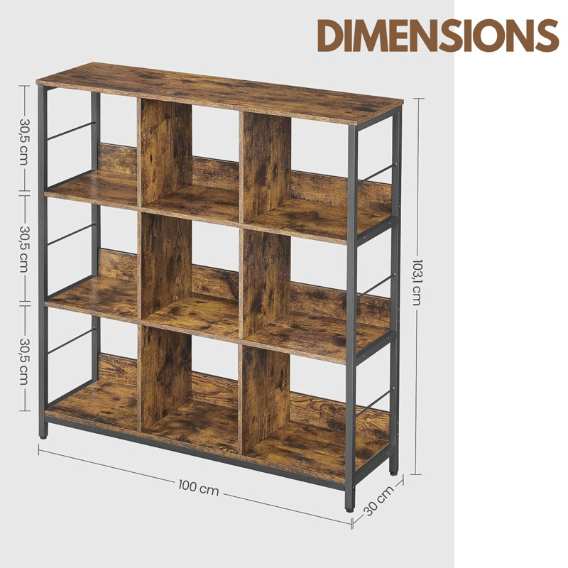 Alfonse 30cm H x 100cm W Cube Bookcase Shelves Industrial Rustic Brown Furniture
